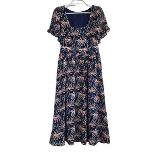 Madewell XS Ruffle-Sleeve Midi Dress Oasis Palms Tie Waist Sheer Lined Tropical